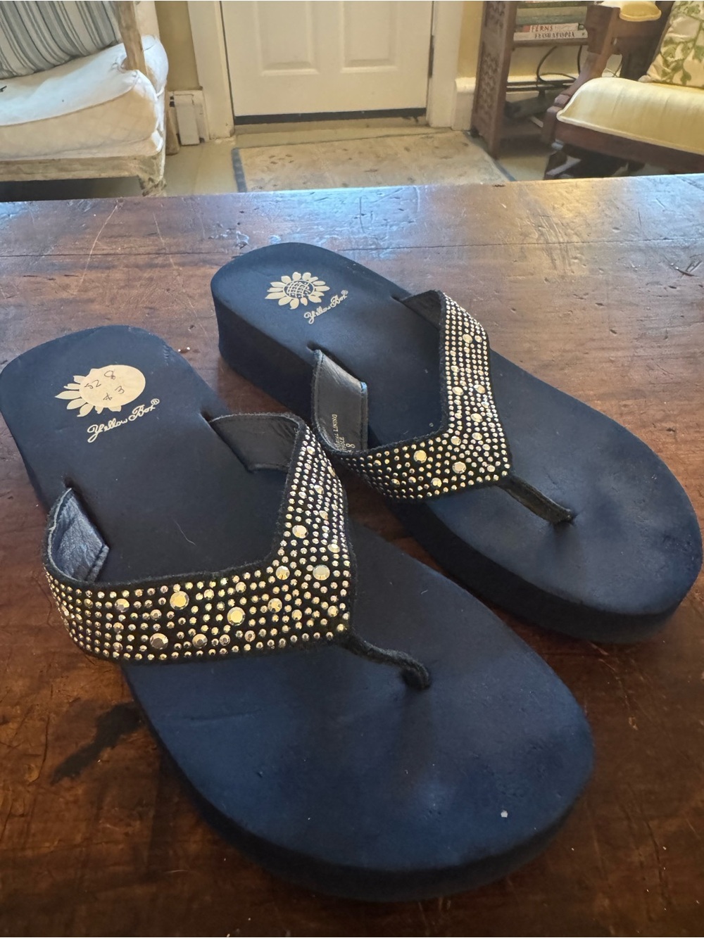 Yellow Box Navy Rhinestone Platform Thong Sandals